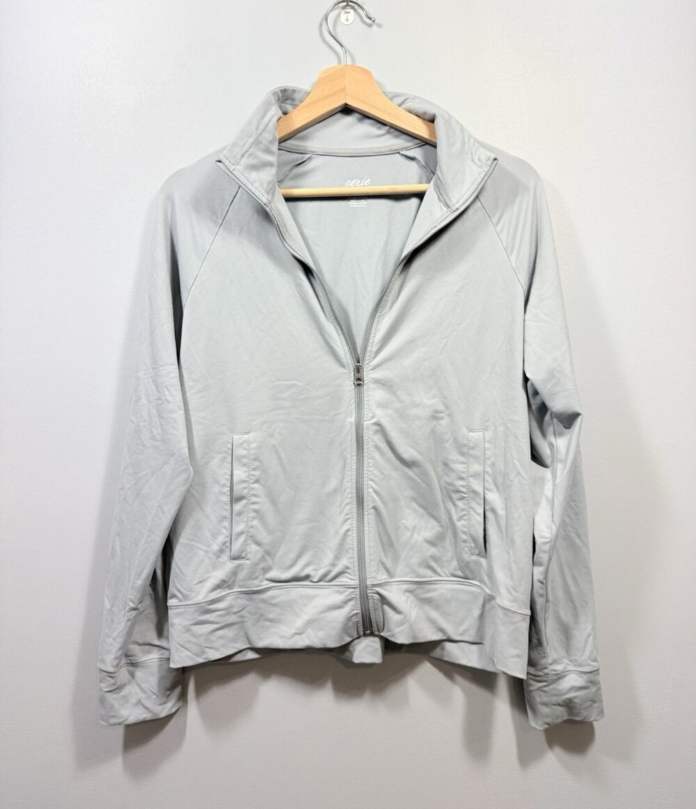 Aerie Full Zip Pockets Stretch Women’s Track Jacket Light Blue Gray Solid Size M